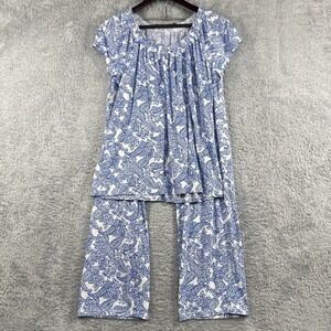 Lauren Ralph Lauren Pajama Set Womens Medium‎ White Blue Paisley Cropped Cotton